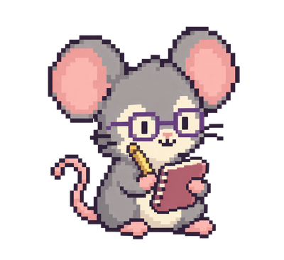 Notey, a little grey mouse with glasses, a notebook and pencil